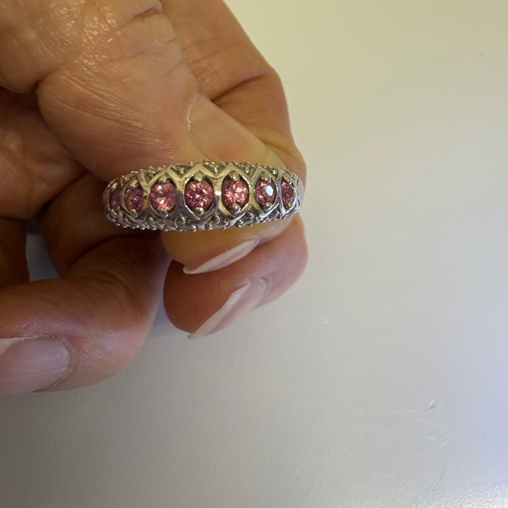 Elegant Pink Sapphire Gemstone Band Silver Ring - Picture 9 of 11